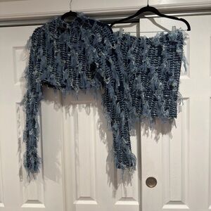 Stylish Blue Frayed Denim Skirt Set